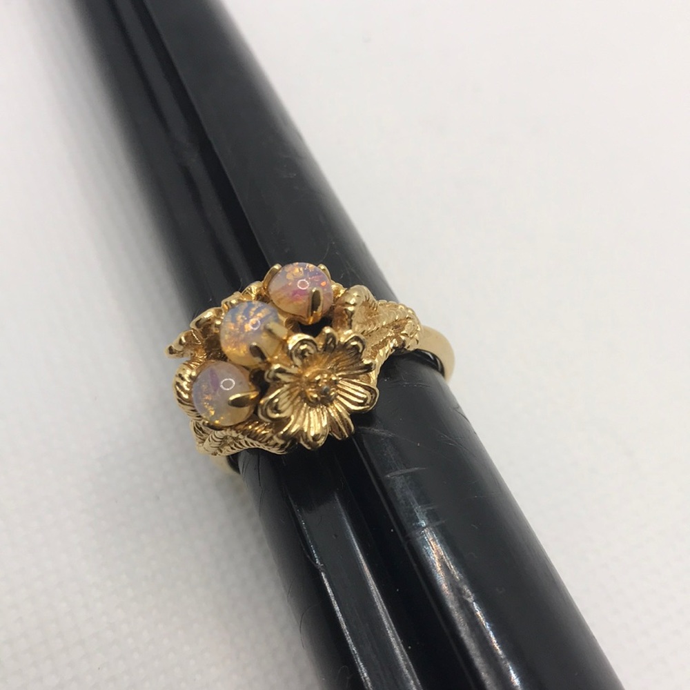 Vintage Triple Faux Opal Ring, Gold Tone, Cocktail Ring, Floral Motif